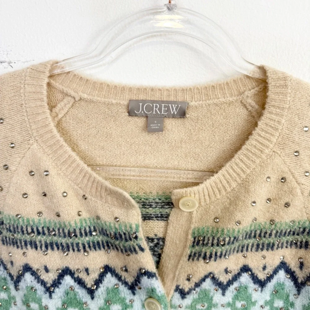 J.Crew Crystal Embellished Fair Isle Merino Wool‎ Alpaca Cardigan Sweater Small